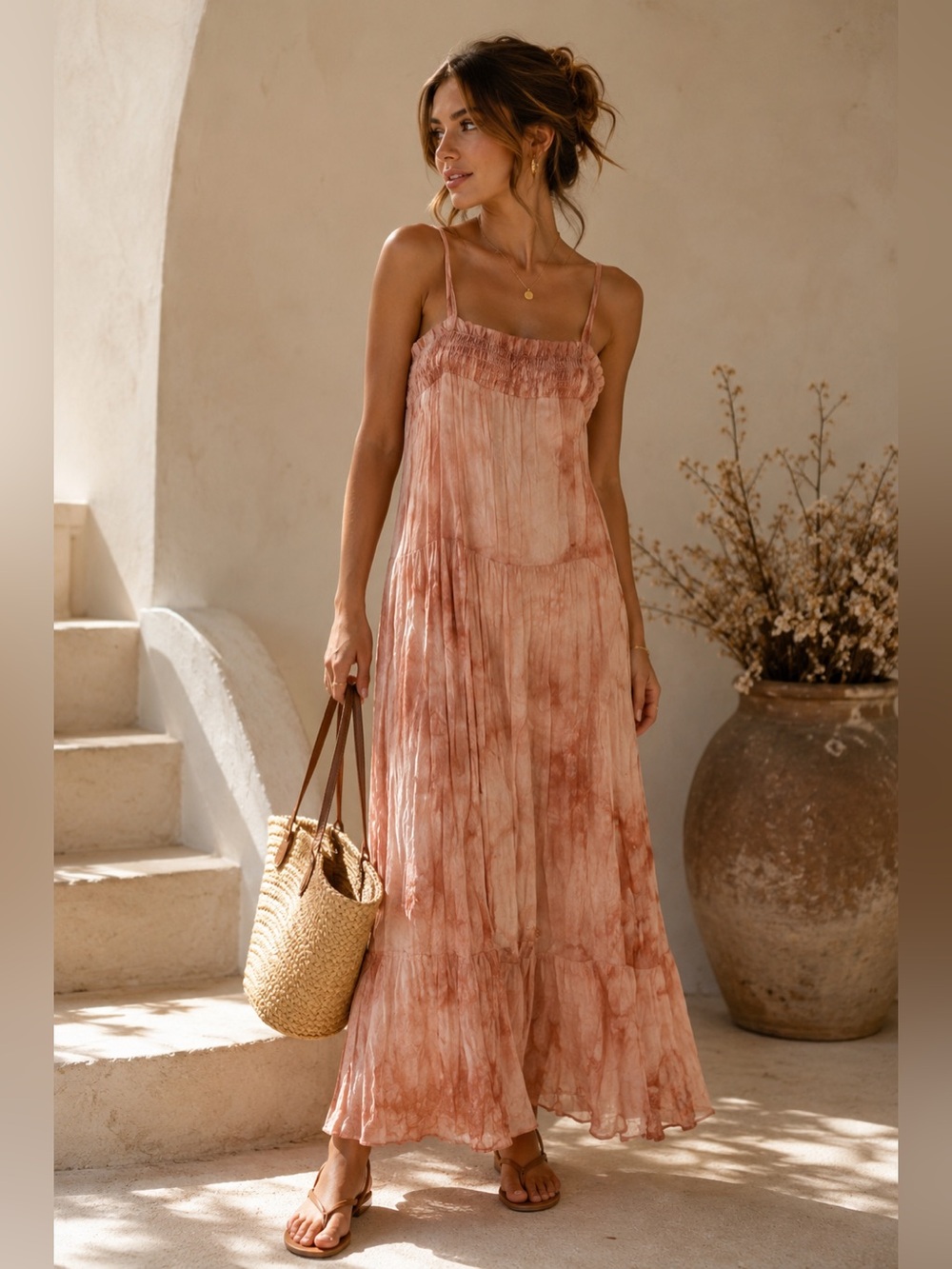 By The River Smocked Crinkle Maxi Dress Blush Pink Boho Cottagecore Size M